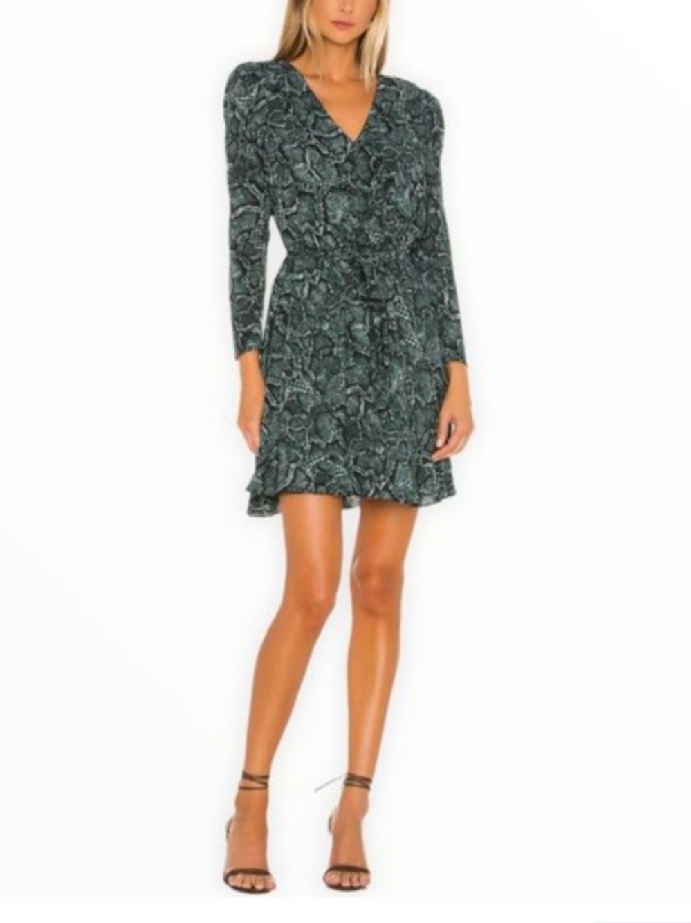 1. State Forest Green Snake-Print Long-Sleeve Wrap Mini Dress